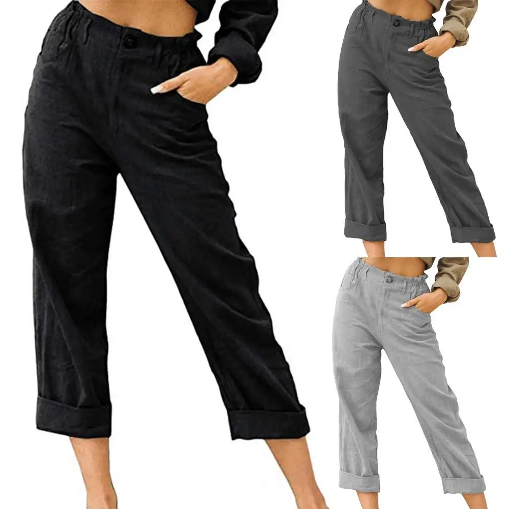 

Брюки женские короткие с высокой талией, модные повседневные хлопково-льняные длинные прямые штаны с карманами, свободные штаны, большие ра...