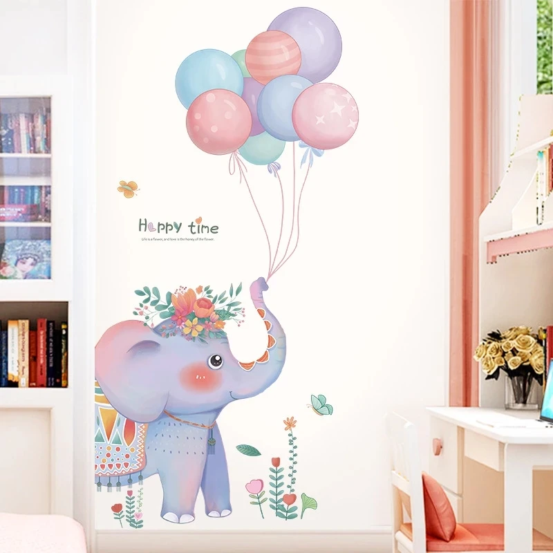 

Cartoon Balloons Elephant Kids Room Wall Stickers Decor Girl Bedroom Door Stickers Nursery Wall Decoration Self-adhesive Mural