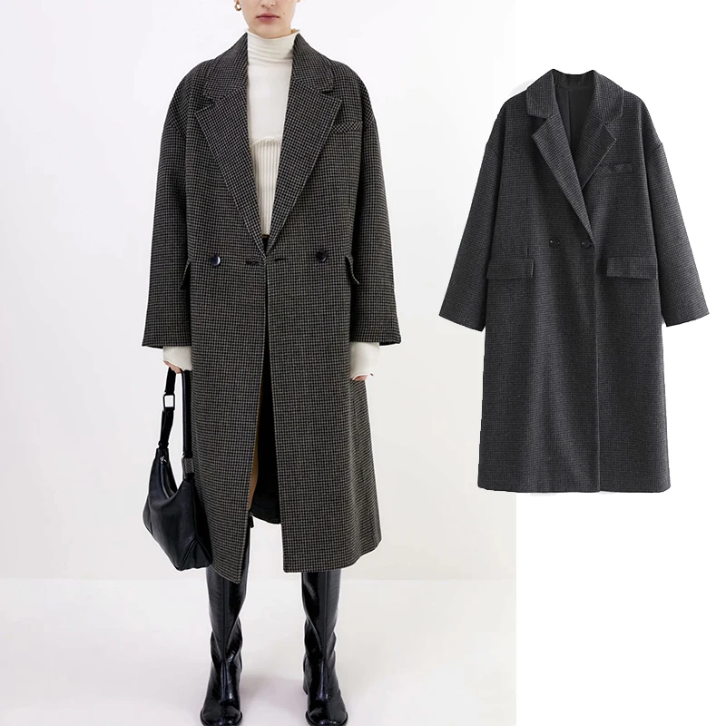 

za 2020 new Women Autumn winter Windbreaker Houndstooth pocket Coat Turn-down Collar Long Coat Lady Streetwear Outwear