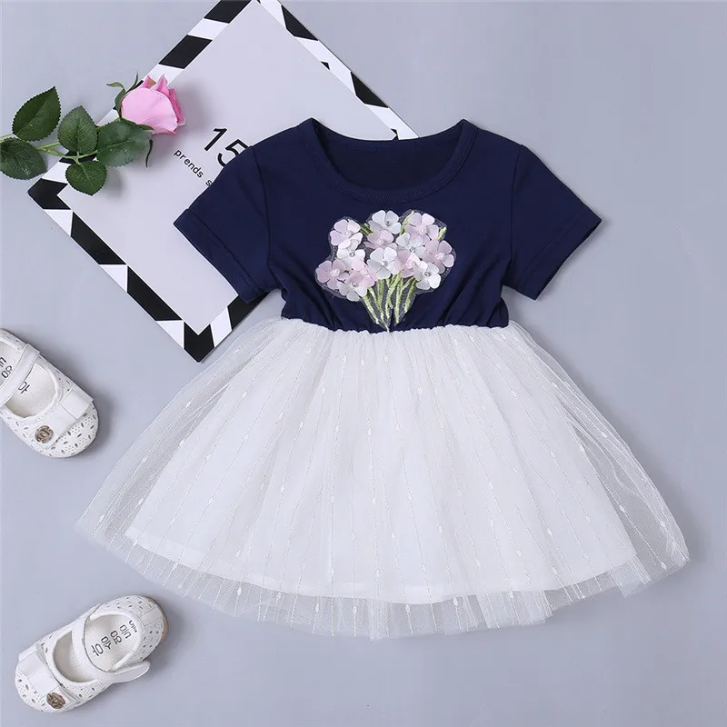 

Girls Embroidered Short Sleeve Mesh Dress Blue Round Neck Applique Pearl Top White Lovely Princess Skirt