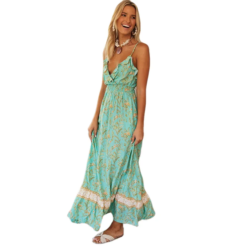 

Spring/summer 2020 new bohemian printed ruffled V-neck sling dress