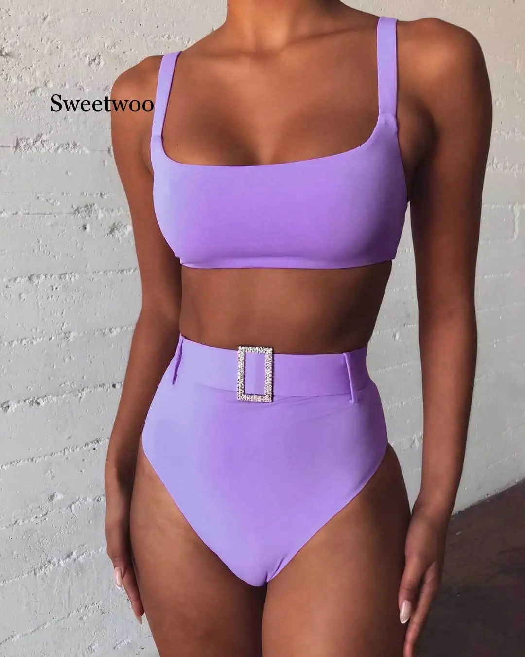 

High Waist Bandeau Bikini Swimwear Women Push Up 2020 Sexy Backless Solid Swimsuit With Belt Summer Bathing Suit