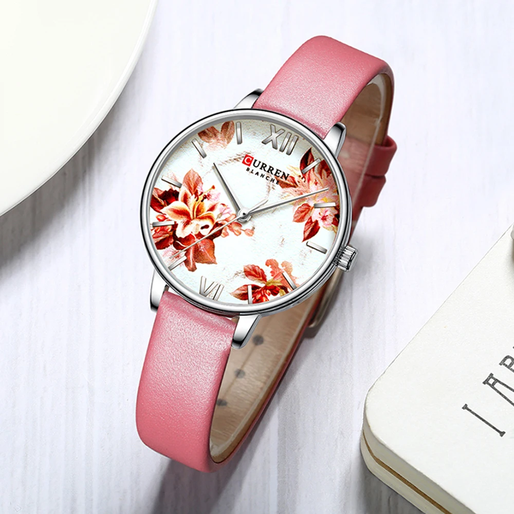 CURREN Beautiful Flower Design Watches Women Fashion Casual Leather Wristwatch Ladies Watch Female Clock Women's Quartz Watch images - 6
