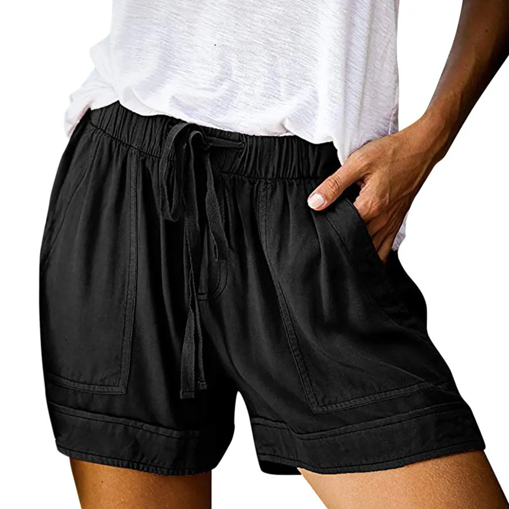 

Womens Girl Female Short Summer Comfy Drawstring Splice Casual Sport Elastic Waist Pocketed Loose Beach Shorts Gifts