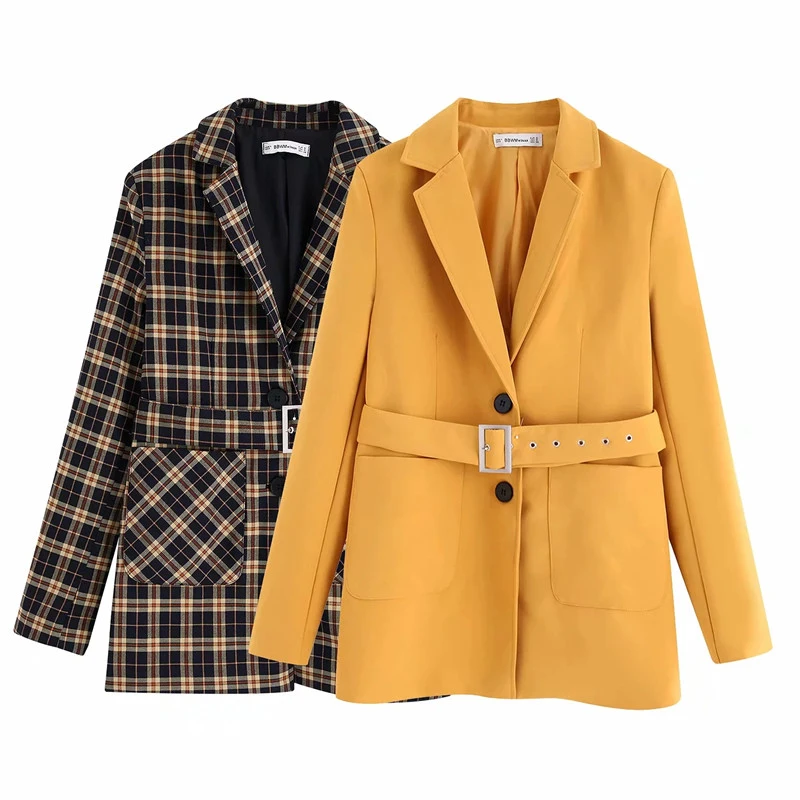 Женский Однобортный блейзер с поясом повседневный оранжевый в клетку длинным