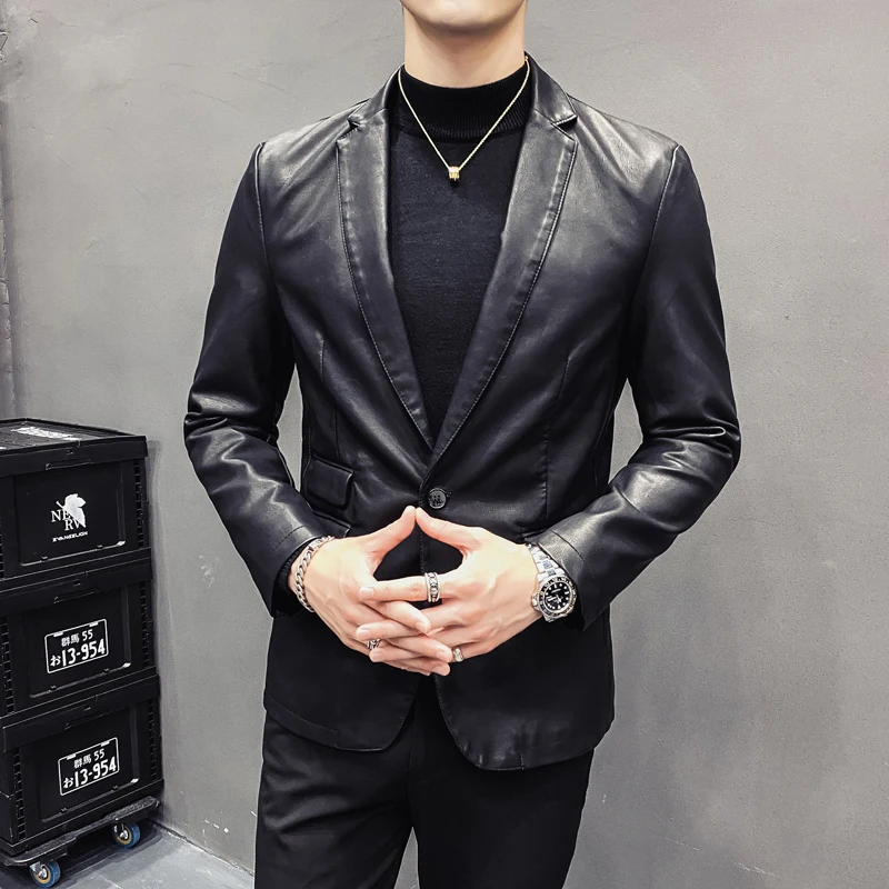 

2021 Autumn Designer Leather Blazers Mens Black Leather Jackets Club Mens Stage Wear Fashion Men Blazer Slim Fit Elegant Quality