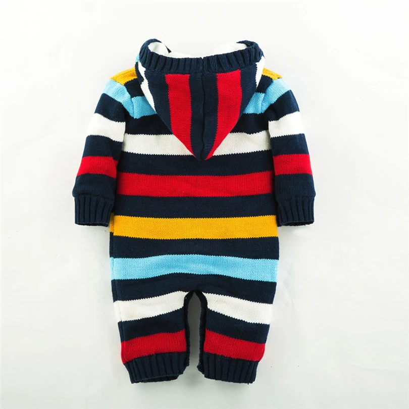 

Newborn Knit Romper Hooded Coat Baby Boy Girl Multicolor Stripe Sweater Long Sleeve Jumpsuit Winter Thick Warm Jackets 0-18M A20