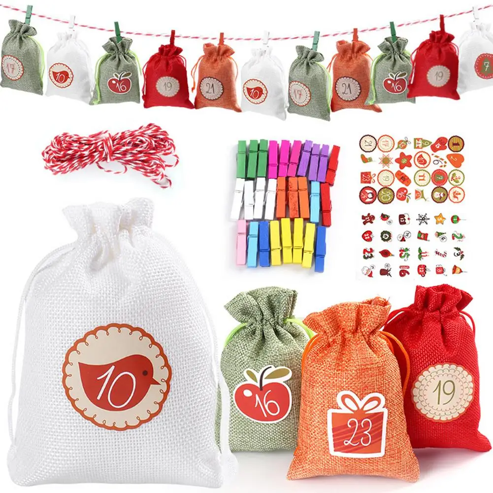 

Christmas Advent Calendar Bags Xmas Countdown Drawstring Gift Bags With Rope Clips Stickers Set Candy Pouch Xmas Decor Props