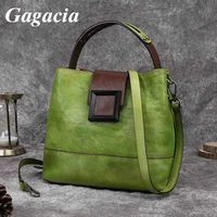 gagacia handmade green womens handbag retro genuine leather bucket bag woman shoulder bags cowhide luxury women brand handbags