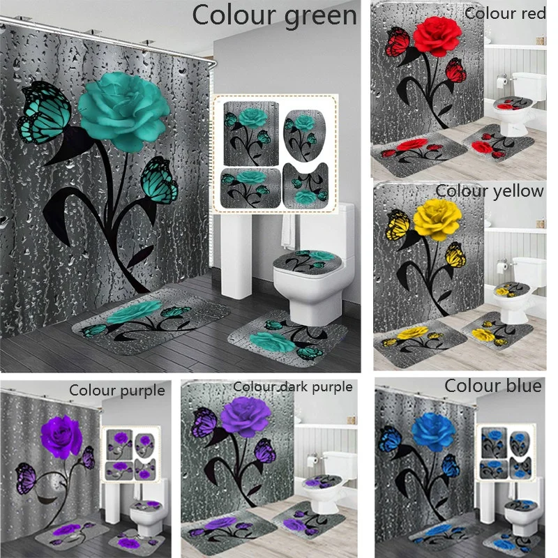 

Rose Butterfly Shower Curtain Sets with Rugs Blooming Flowers Bathroom Decor Bath Rug and Mats Sets with Hooks toilet seat cover