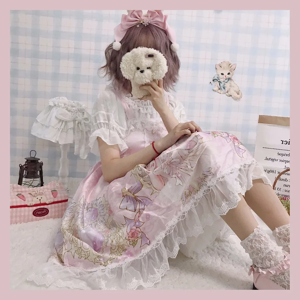 Kawaii/платье в японском стиле «Лолита»; мягкое милое красивое платье на бретелях для девочек; Сетчатое летнее платье