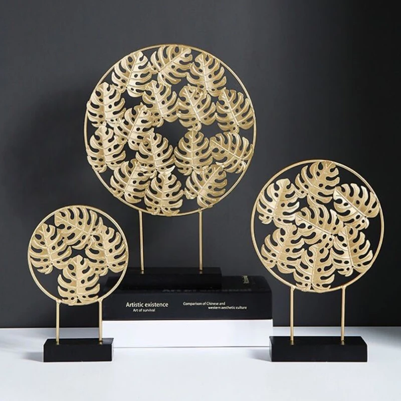 

Metal Leaves Decoration, Monstera Leaf Sculpture with Wooden Base, Handcrafted Art Statue for Living Room, Hallway, Be