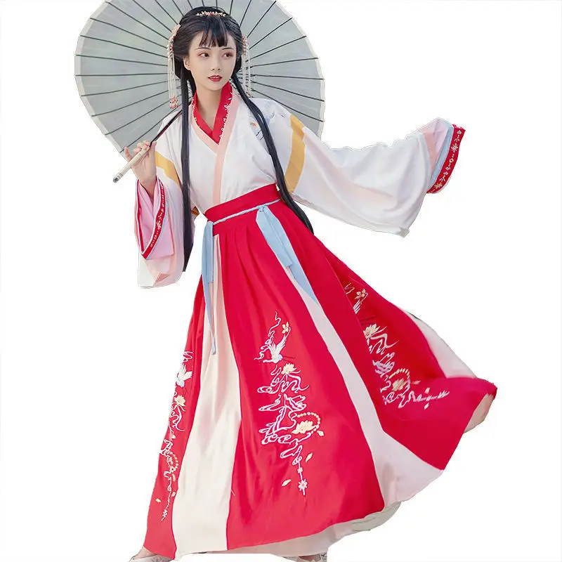 

Performance Women Clothes Dressing Gown Summer Autumn New Cross Collar Hanfu Embroidery Flower Long Sleeve Cosplay Costume