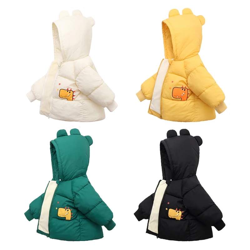 

Boys And Girls Down Jackets Plus Velvet Thick Warm Cotton Jacket Treasure Cartoon Dinosaur Hooded Printed Cotton Children Coats