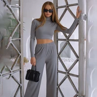 two piece women pullover turtleneck long sleeve crop top and loose high waist womens pants autumn casual streetwear