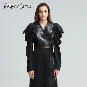 Женская винтажная рубашка TWOTWINSTYLE, блузки из ПУ с V-образным вырезом, длинными рукавами-фонариками, высокой талией и блестками, 2020