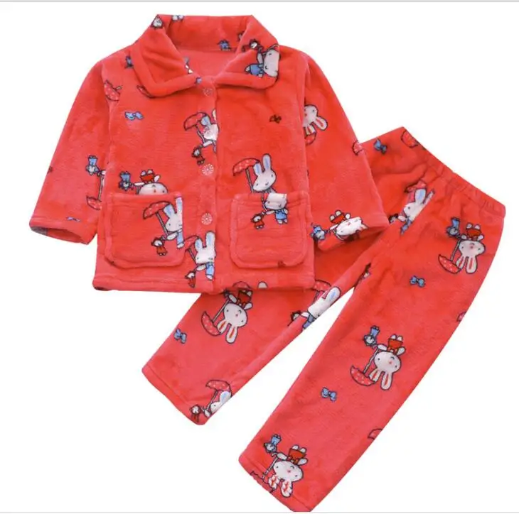 Pijama infantil inverno; детский пижамный комплект из кораллового флиса; пижама с принтом для маленьких мальчиков и девочек; детская фланелевая одежда для сна; пижамы для младенцев - Цвет: Red Rabbit Pajama
