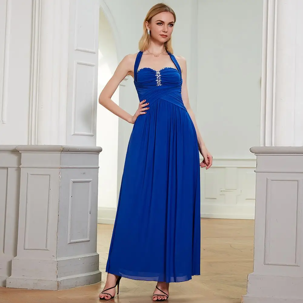 

Angel-fashions Halter Beading Pleated Ball Gown Prom Dress Blue 524