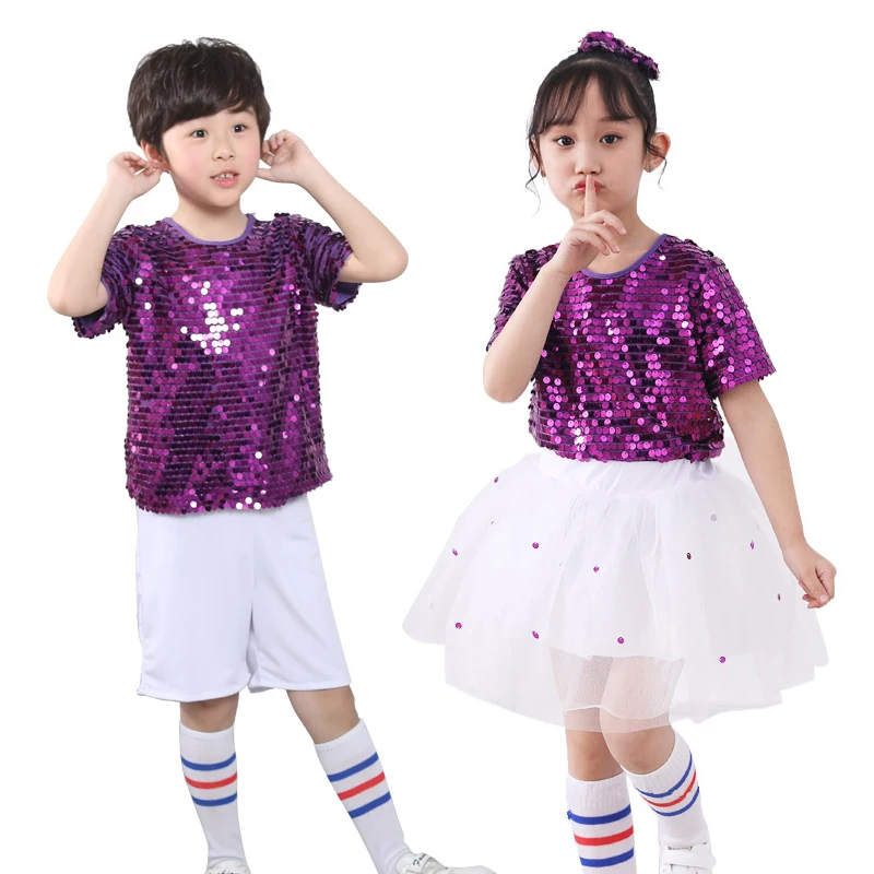 

Primary Student School Uniform Kids Girls Tops+tutu Skirt Clothing Set Jazz Dance Choir Costumes Sequin Ballroom Performance