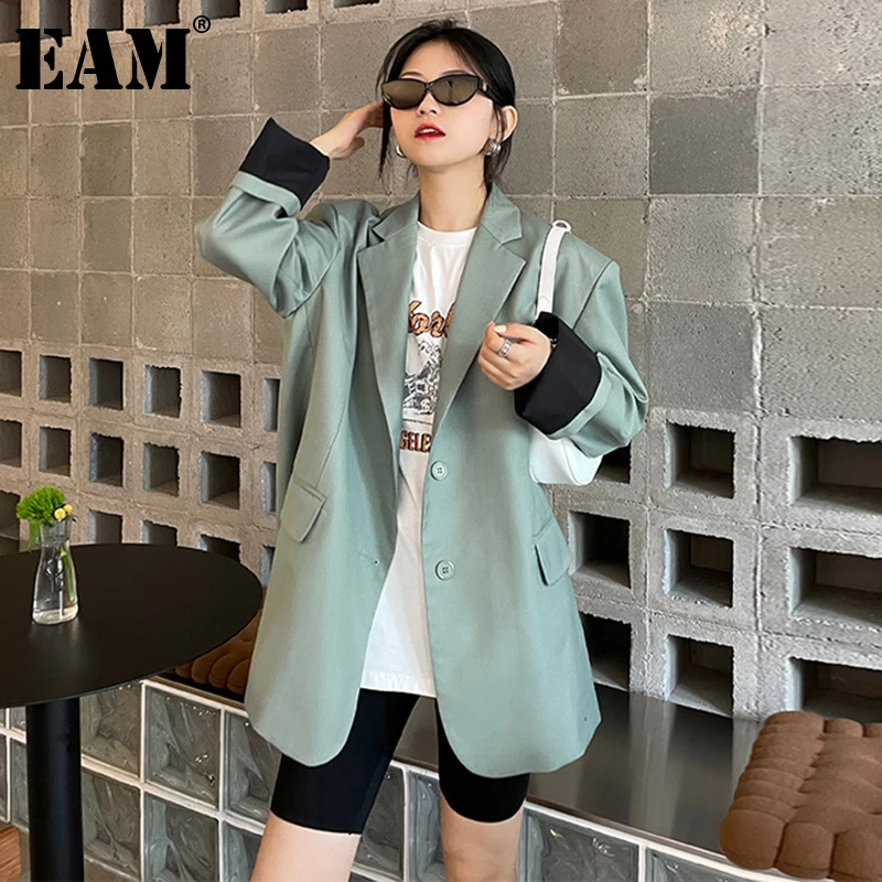 

[EAM] Women Green Contrast Color Big Size Blazer New Lapel Long Sleeve Loose Fit Jacket Fashion Tide Spring Autumn 2021 1DE1436