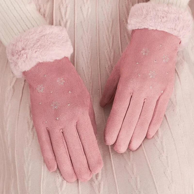 

Women Warming Hand Suede Snowflake Gloves Touches Screen Thickened Fleece Lined Warm Gloves XR-Hot