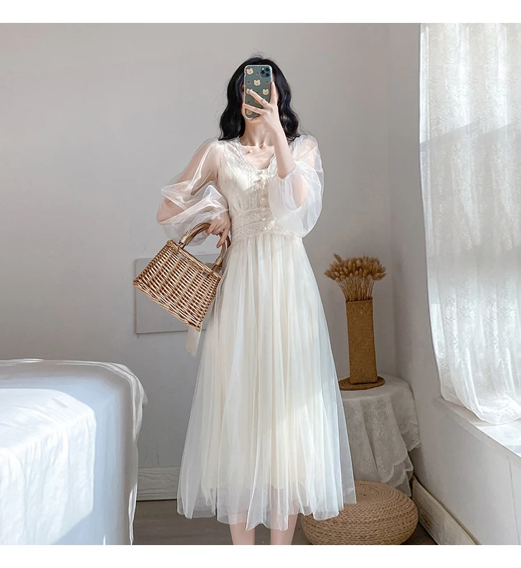 

White French bubble long sleeve gathered waist lace fairy yarn skirt Chiffon gentle Hepburn dress women autumn011