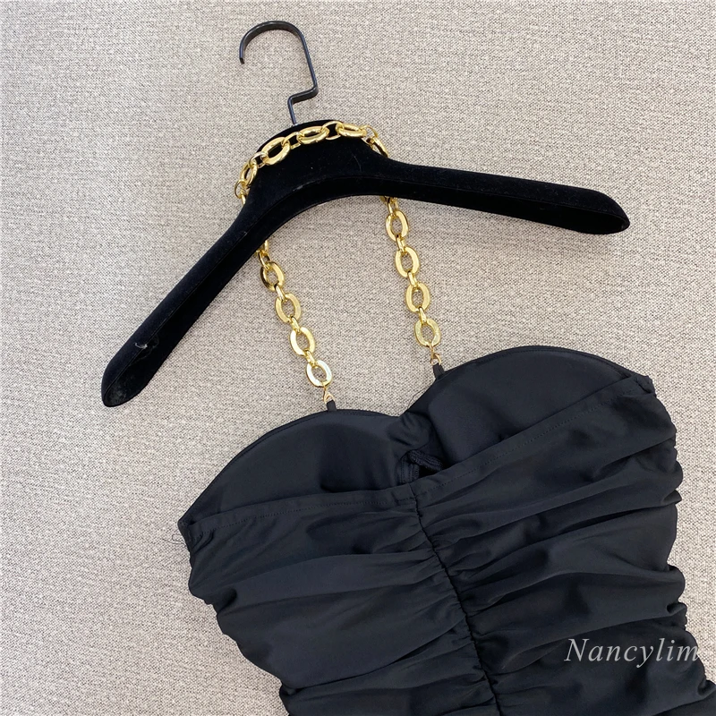 

Gold Necklace Chain Halter Tube Top Women New Sexy Camisole Tank Tops Inner Wear Outer Wear Pleated Slim-Fit Small Shirt Black