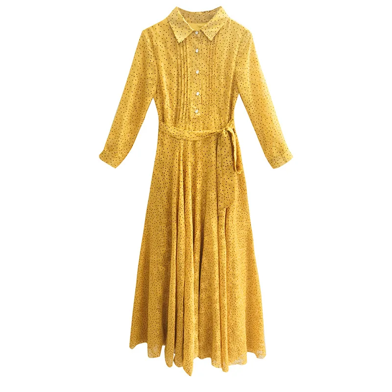 

2021 autumn new Korean version of slim long sleeve jacquard chiffon dress temperament slim big swing long skirt female size