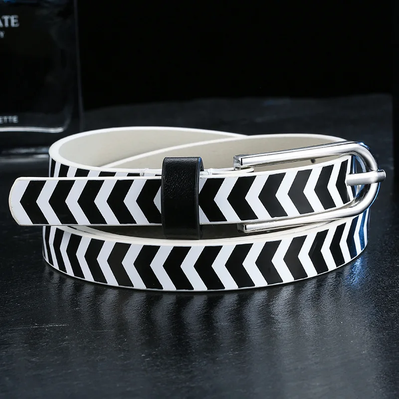 

Women PU Waist Belt Striped Pin Buckle Black White Printing Casual Belts Ceinture Femme Ceinture Femme De Marque Luxe
