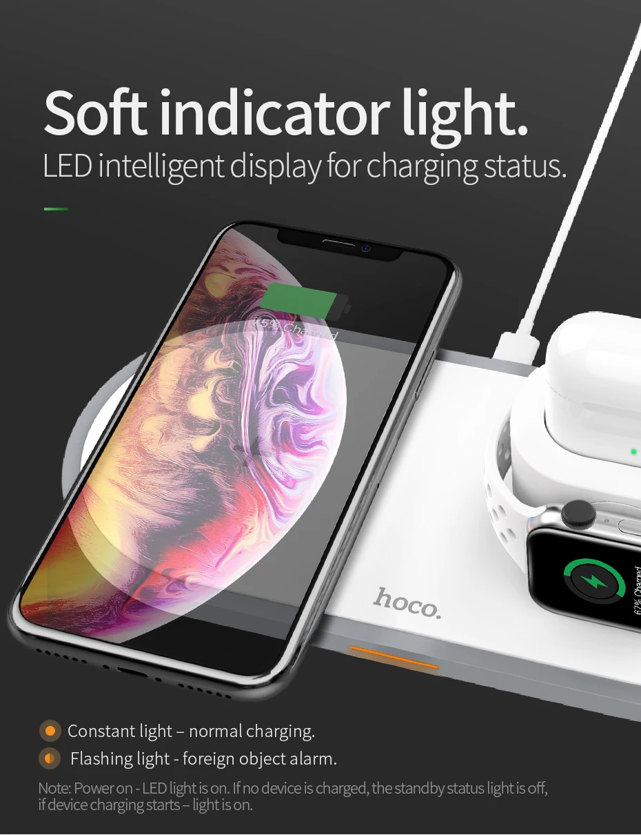 HOCO CW21 3 в 1 Беспроводное зарядное устройство для Apple Watch 4 3 2 1 быстрое зарядное устройство для airpods iPhone 11 X XS MAX 8 QI Беспроводная зарядная панель