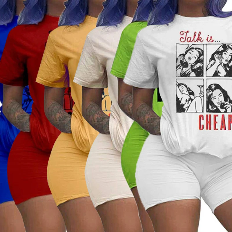 

Print Women Short Two Piece Set T-Shirts and Shorts Set Summer Tracksuit Streetwear Sweat Suit Women Set Casual 2 Pieces Outfits