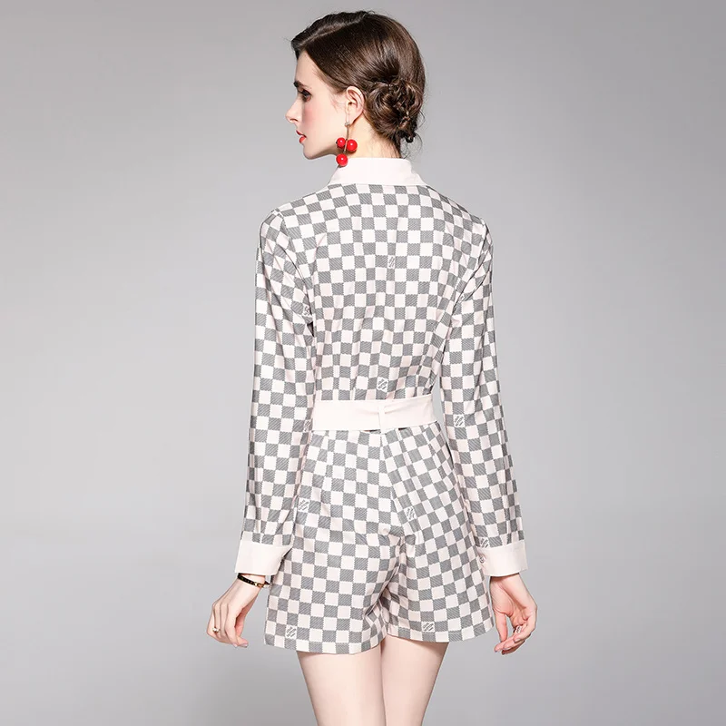 

2021 Summer Fashion Runway Suit Women Elegant Vintage Belt Shirt and Shorts 2 Piece Clothing Matching Sets
