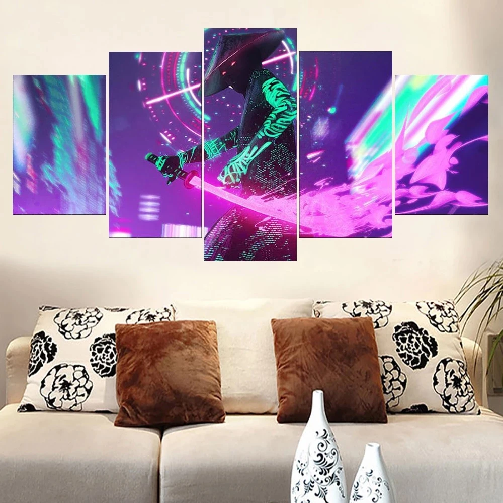 

5 Piece Wall Art Canvas Anime Retrowave Samurai Figuur Poster HD Printed Painting Pictures Moderne Home Decor Modular Framed