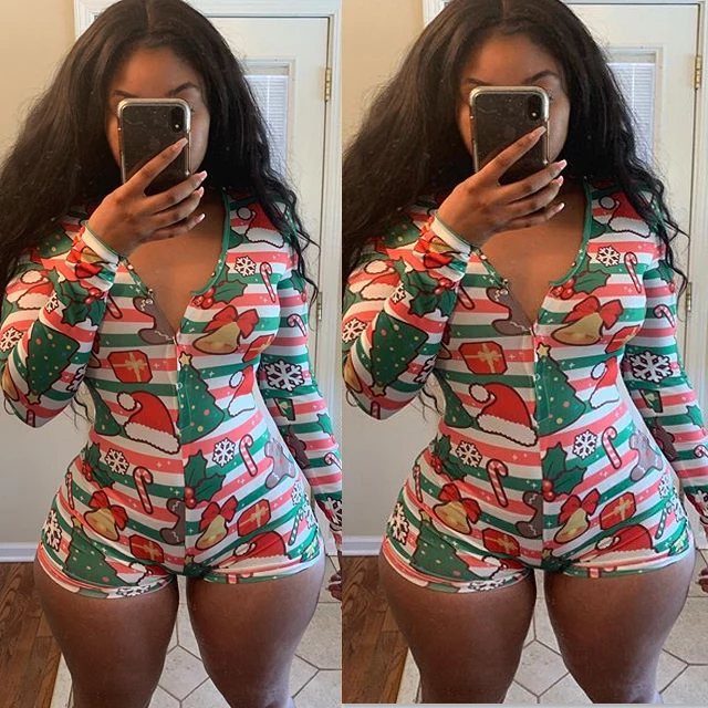 

Sleep Wear Women Christmas Romper Women Printed Long Sleeve Single-breasted Jumpsuits Sexy Women Homewear Sleepwear
