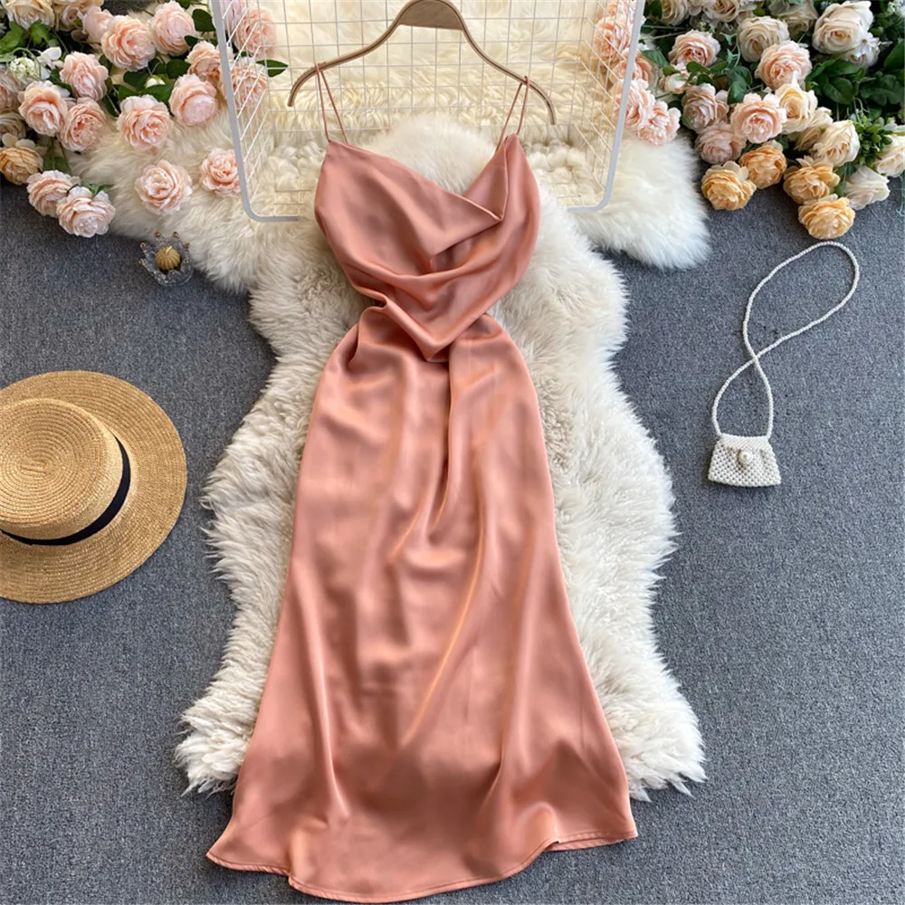 Women Party Evening Satin Dress Summer V-Neck High Waist Elegant French Backless Bandage Slim Long Gown Dresses 2021 Atopos
