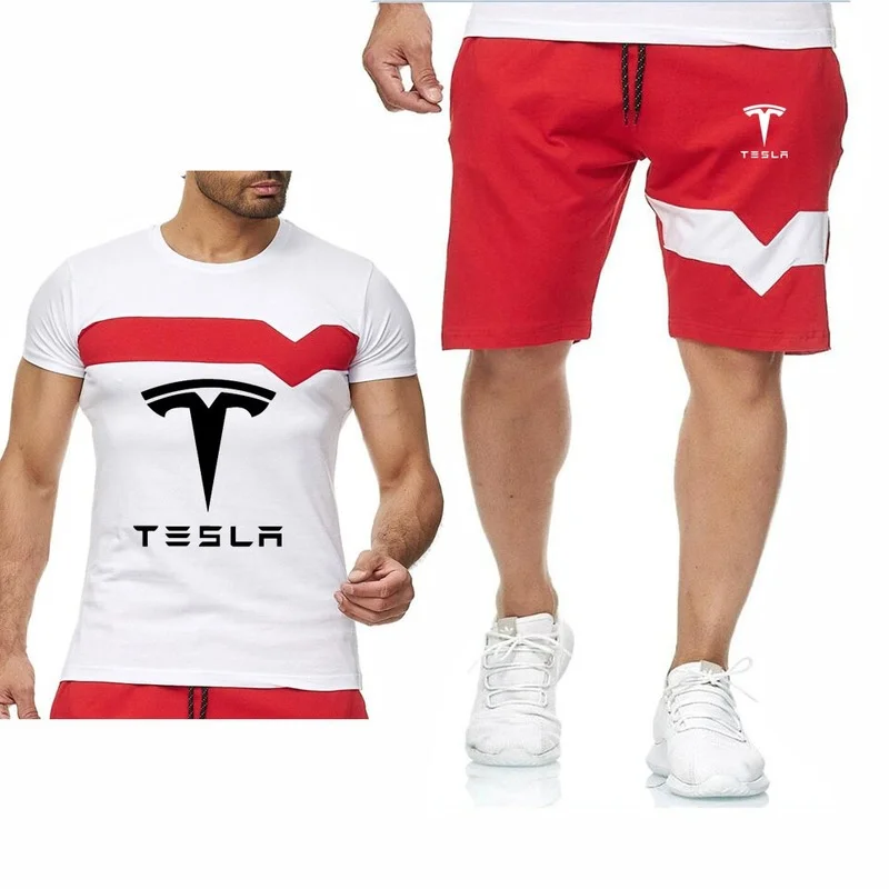 

Футболка Tesla мужская с коротким рукавом и круглым вырезом, хлопковая повседневная одежда с логотипом автомобиля, брюки, костюм из 2 предмето...