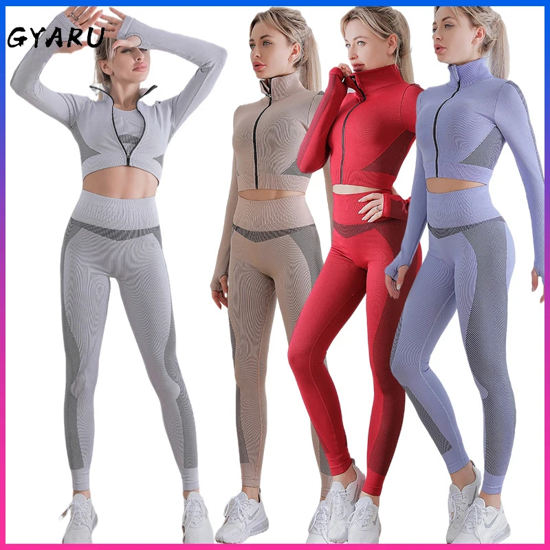 

GYARU Women Seamless Yoga Set Fitness Sports Suits Gym Clothing Long Sleeve Top Shirts High Waist Running Leggings Workout Pants