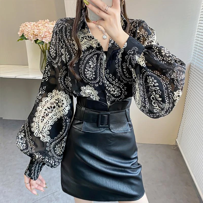 

Шифоновые рубашки Bandanna с принтом, однобортные блузки с длинными рукавами-фонариками и отложным воротником, женские весенние дизайнерские т...