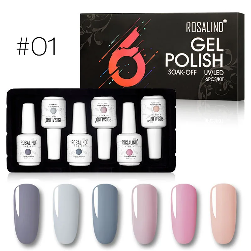 15 ml set 1 ROSALIND 6 шт./комплект Гель-лак для ногтей набор Гибридный лак УФ-гель, акриловый Гель-лак все для маникюра основа и верхнее покрытие для дизайна ногтей - Цвет: 15 ml set 1
