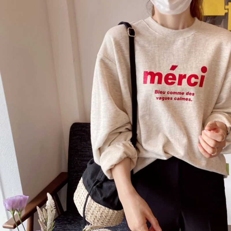 

Свитшот женский с круглым вырезом и длинным рукавом, Повседневный пуловер с надписью, элегантная уличная одежда, теплый свободный хлопковый свитшот, M457, на осень