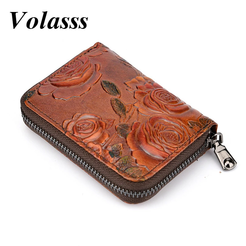 

Volasss Genuine Leather Vintage Short Card Bag Holder Coin Pocket Credit High Quality Women Zipper Wallet Money Purse Cardholder