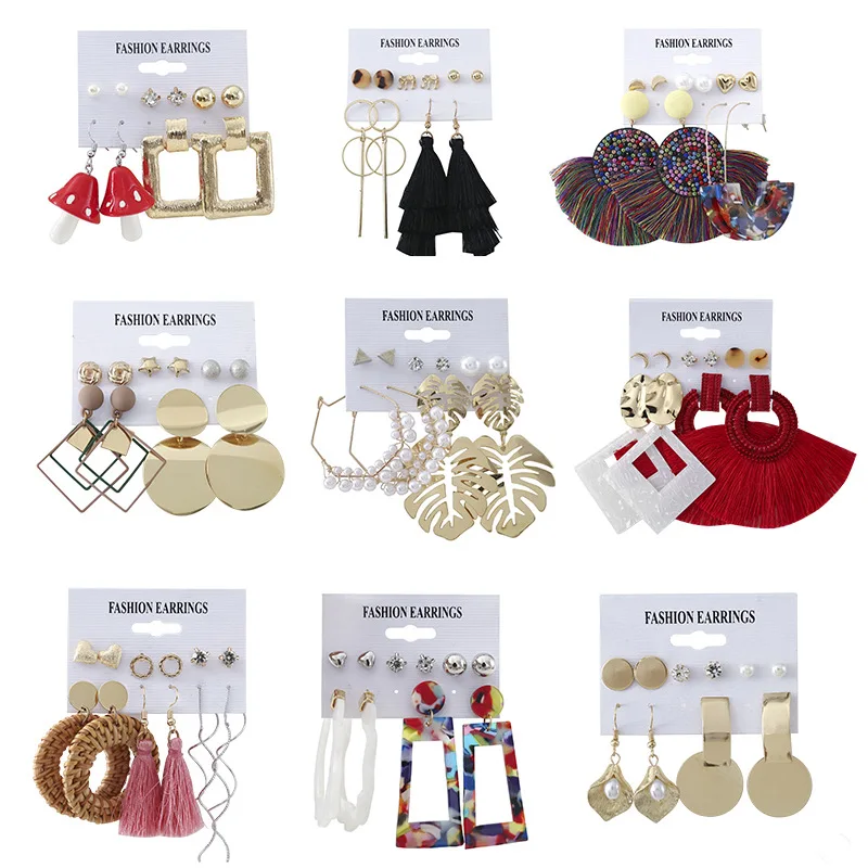 

2021 Trend Women Vintage Metal Earrings Set Fashion Female Jewelry Bohemian Long Tassel Geometric Resin Acetate Hanging Earrings
