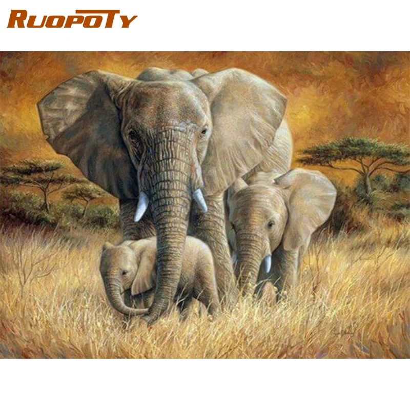 RUOPOTY-Cuadro con marco para pintar por números, lienzo de animales, elefantes, pastizales, arte Diy, regalo único para decoración del hogar