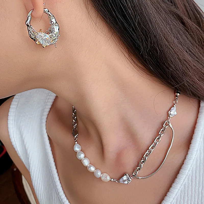 

Новое модное металлическое ожерелье до ключиц стразы из натурального пресноводного жемчуга, колье для женщин и девушек, украшения для путе...