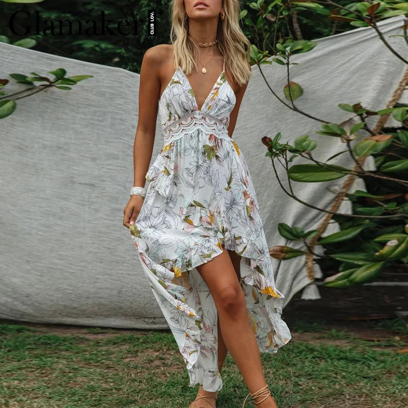 Женское длинное платье с цветочным принтом Glamaker Boho летнее пляжное без рукавов