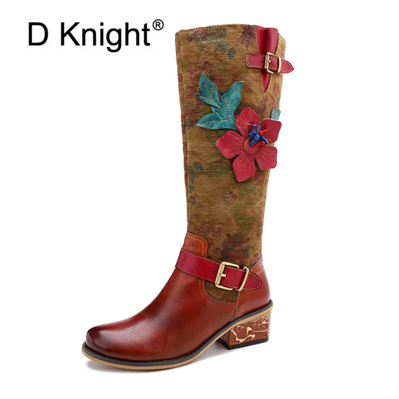 Женские этнические сапоги из натуральной кожи на высоком каблуке обувь в