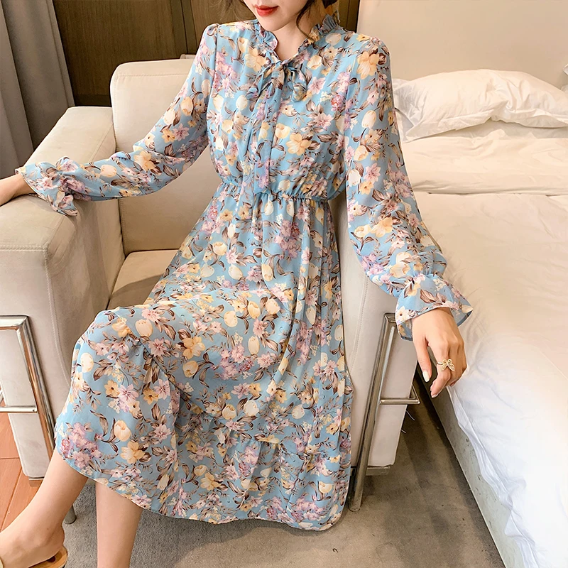 

Spring Autumn Beach Casual Red Chiffon Sexy Midi Dress 2022 New Vintage Floral Korean Sundress Elegant Loose Party Maxi Vestidos