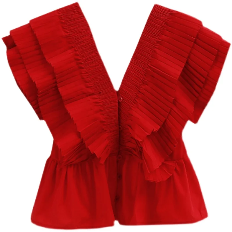 

ZAWAHIKI Korean Fashion Shirt Women Summer V Neck Single Breasted Short Sleeve Pleated Ruffles Slim Bodycon Tops Short Blouse