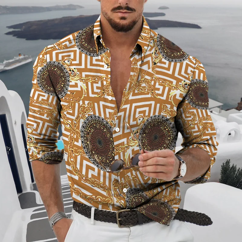 2021 Fall Men's Long Shirt Single-breasted Button Lapel 3D Newest Daily Casual Fashion Young Classic Retro Graphic Theme