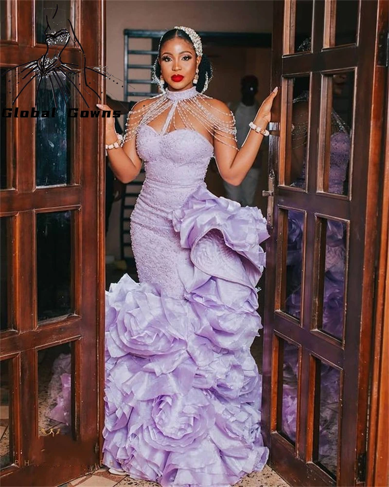 

Aso Ebi, африканские вечерние платья с круглым вырезом, Длинные Роскошные официальные платья 2021 с бисером и оборками для женщин, элегантные пла...